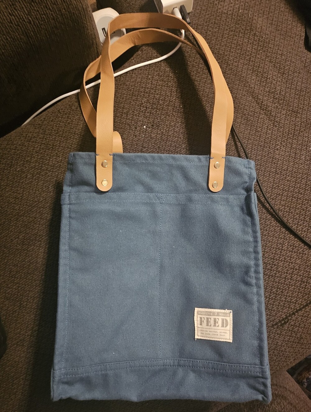 FEED Project Canvas Market Tote Shoulder Bag Green with Leather Straps